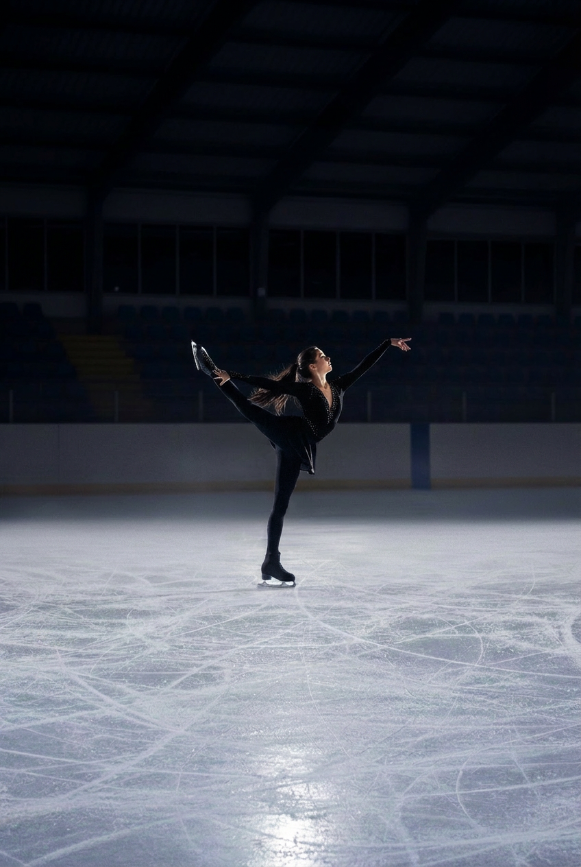 An image of a female figure skater practicing alone on the ice