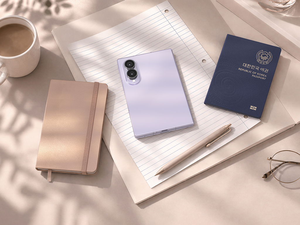 Galaxy Z Fold8 Lavender placed alongside lifestyle accessories such as a passport and notebook