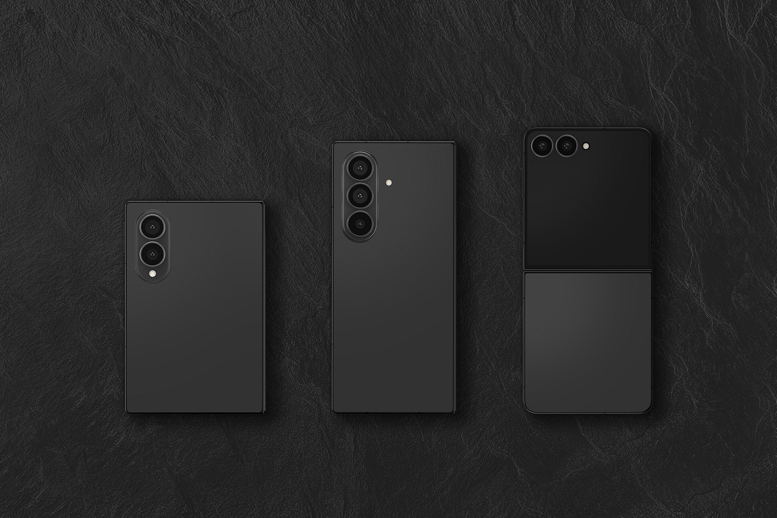 From left: Galaxy Z Fold8 Graphite, Galaxy Z Fold8 Ultra Graphite, and Galaxy Z Flip8 Graphite