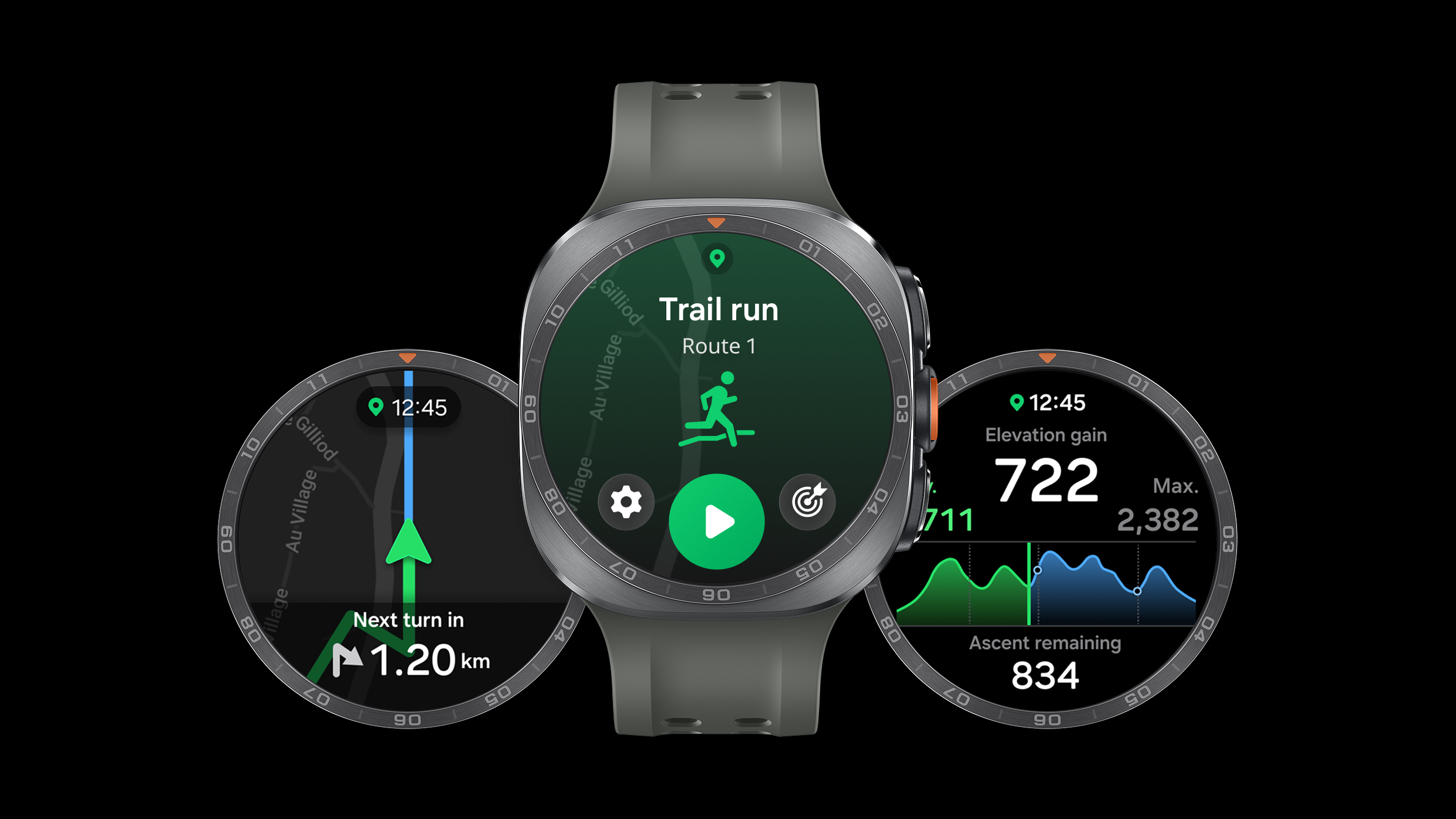 Against a black background, three Galaxy Watch Ultra2 devices with round screens and dark gray bands overlap. The center screen shows a trail-running start screen, while the side screens display distance to the next turn and elevation information.
