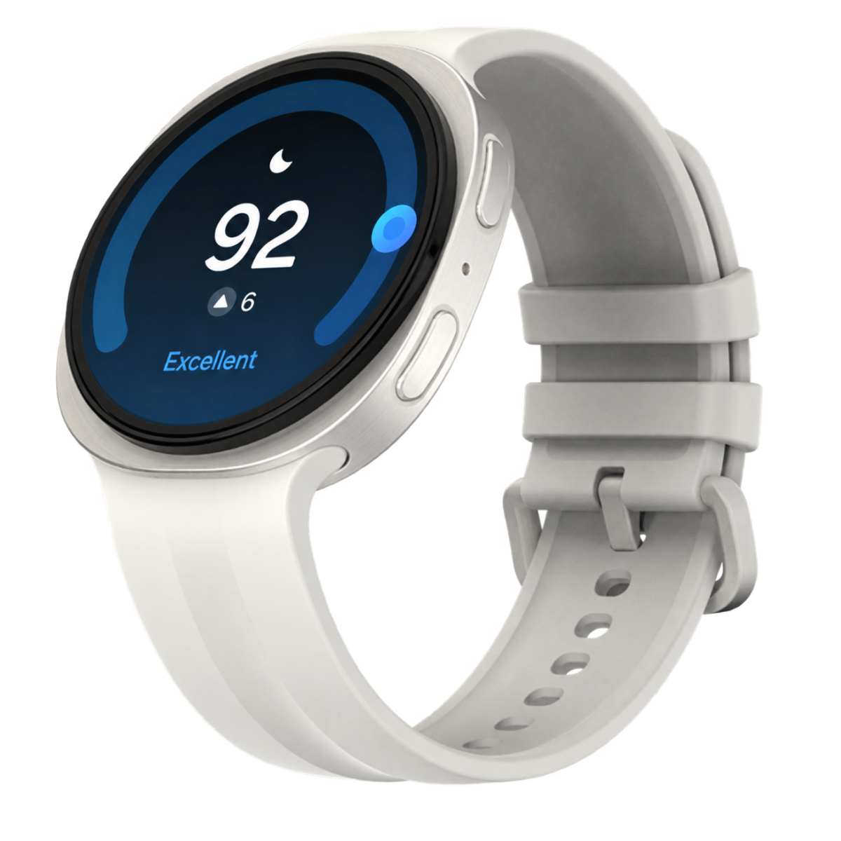 A smartwatch with a white silicone band and a round silver case is shown at an angle. Its dark blue screen displays a crescent moon icon, a sleep score of 92, an increase of 6 points, and the word “Excellent.”