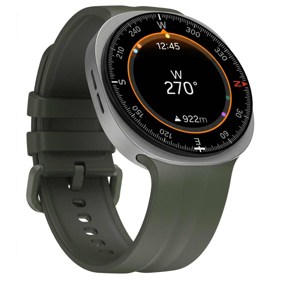 A smartwatch with a dark green band and a round silver case is shown at an angle. The compass on its black screen displays west at 270 degrees and an elevation of 922 meters.