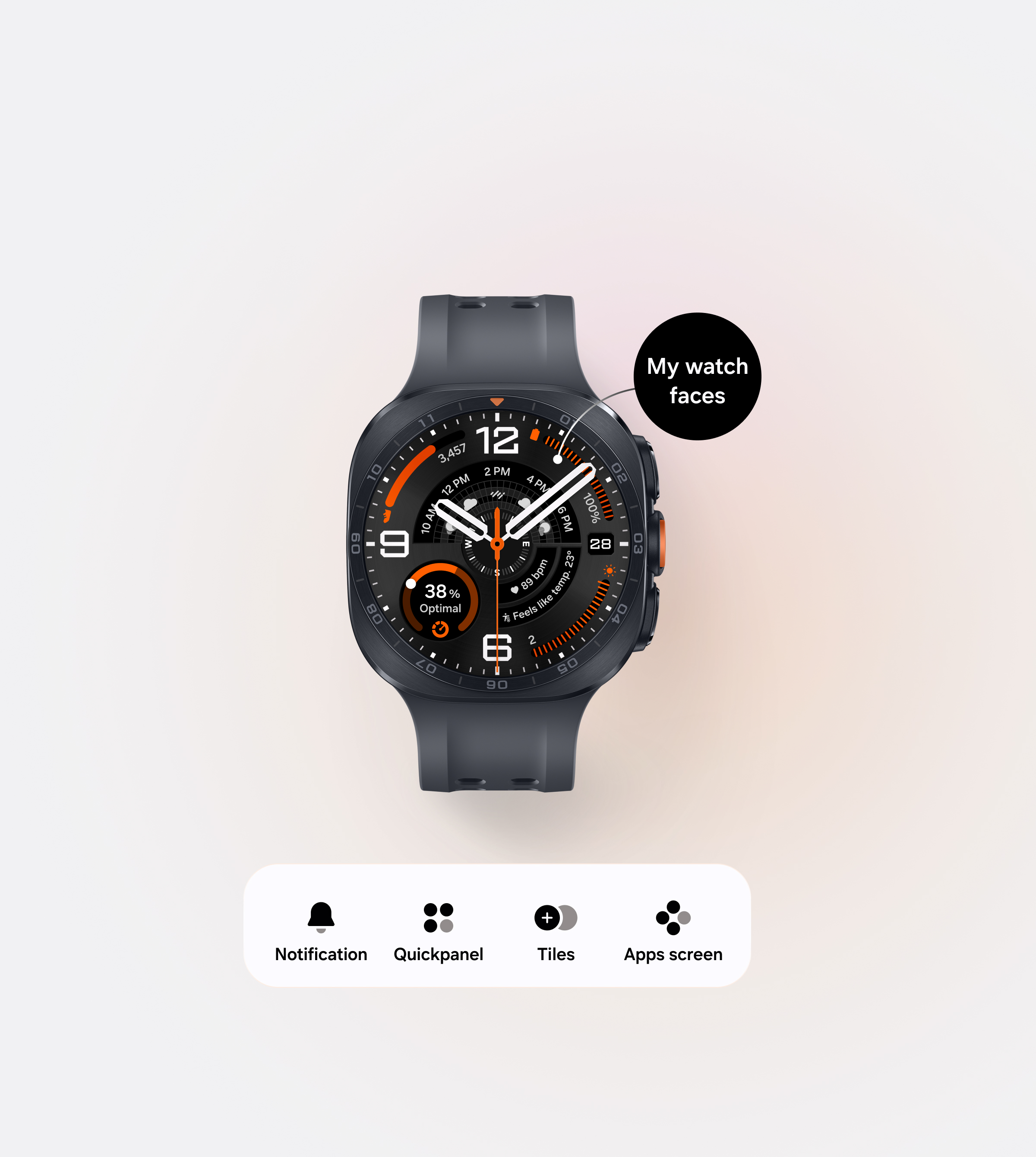 A smartphone app displays a black Galaxy Watch Ultra2 with an analog-style watch face showing multiple pieces of information. A menu below leads to notifications, quick panel, tiles, and the apps screen.