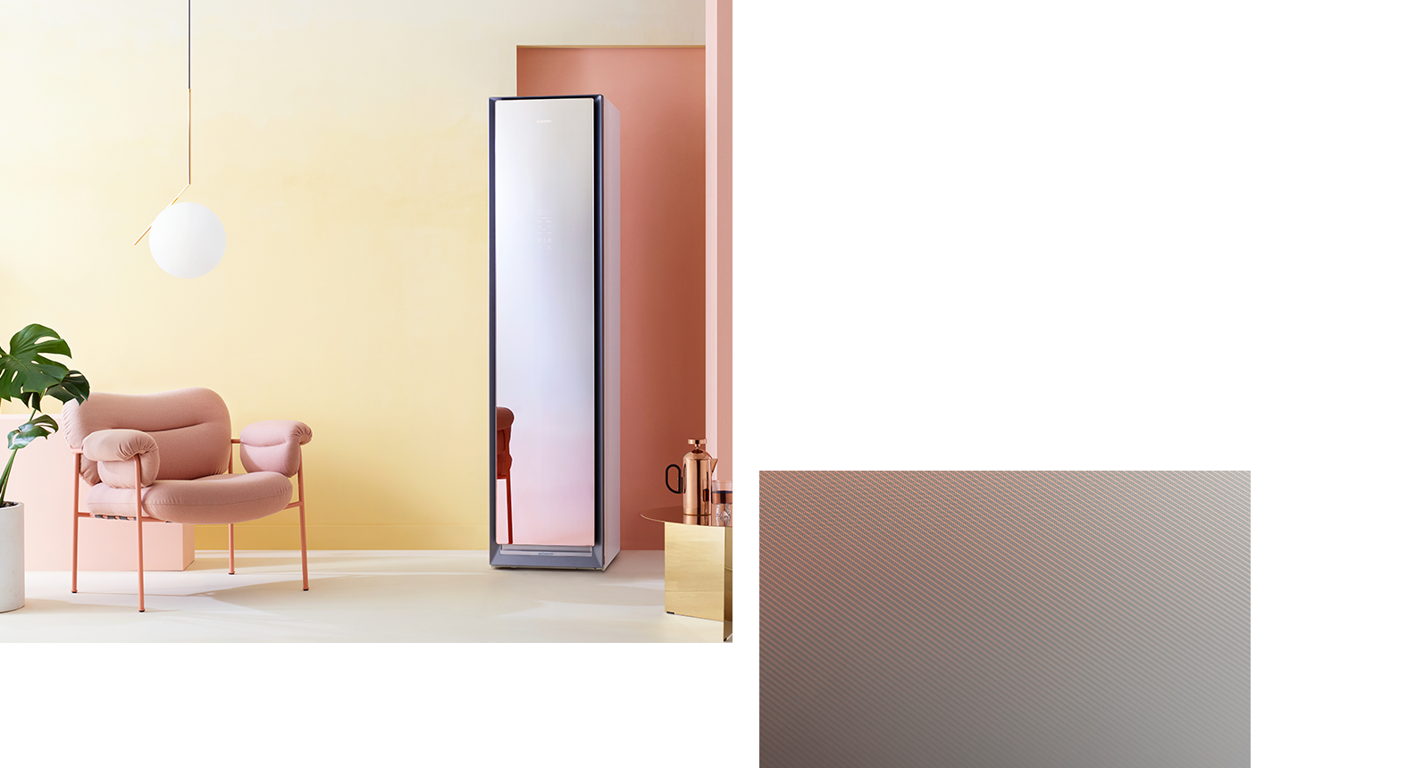 . This is an image of AirDresser Gold Mirror. / A detailed image of the AirDresser gold mirror door.