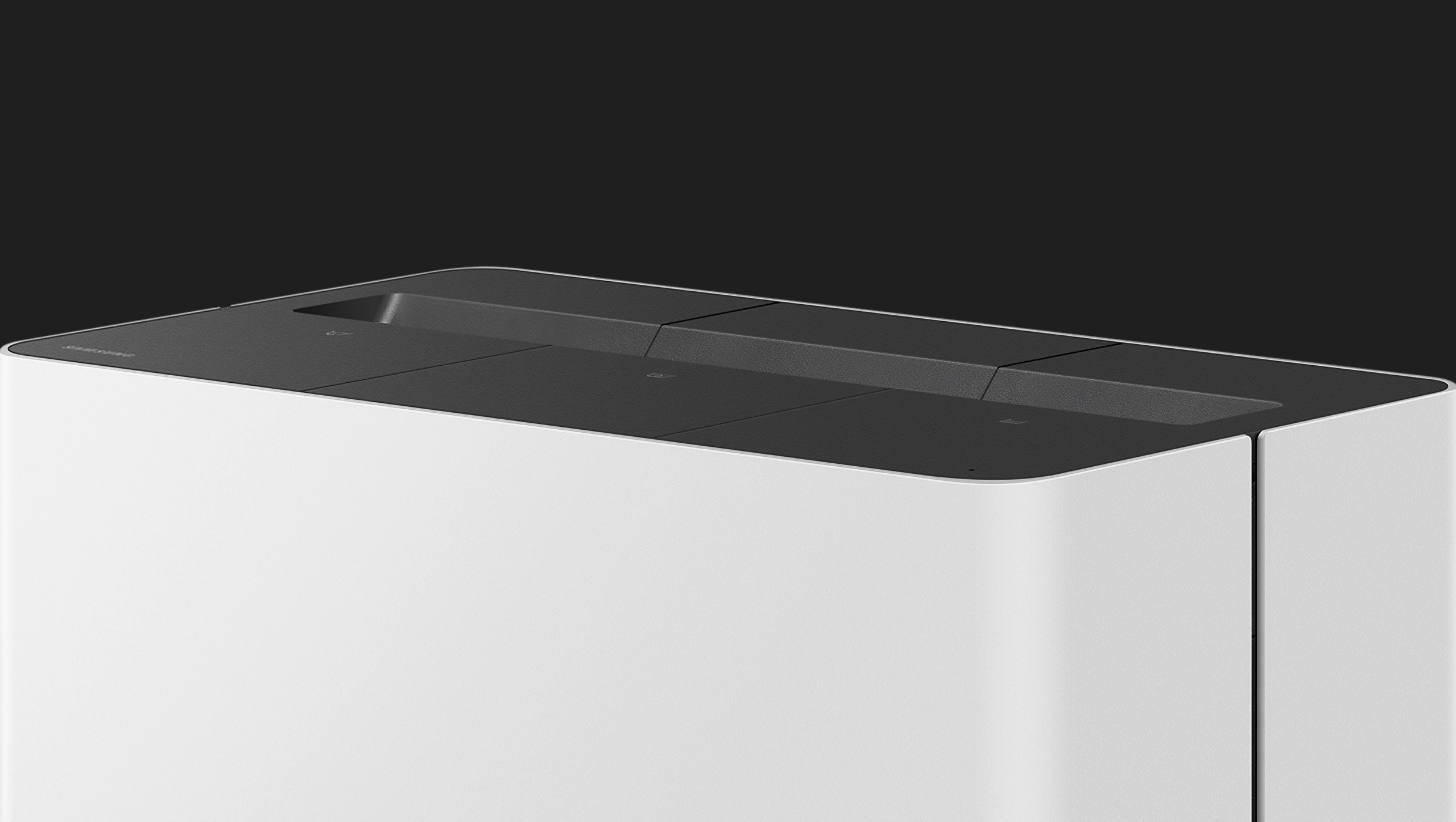 A design featuring contrast between the white side panel and the black top of the product station