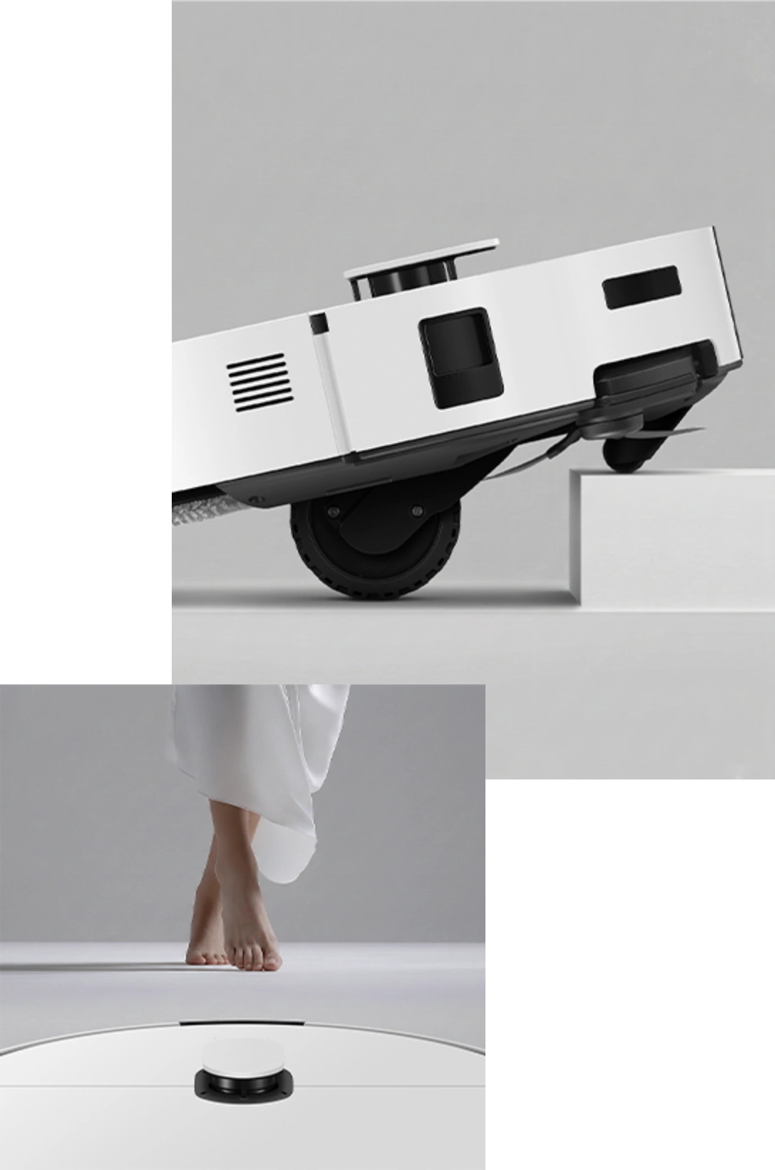 Bespoke AI Steam Ultra climbing over a threshold with its front caster wheel and rear main wheels. A person stepping lightly on the floor with the Bespoke AI Steam Ultra showing its lower sensor.