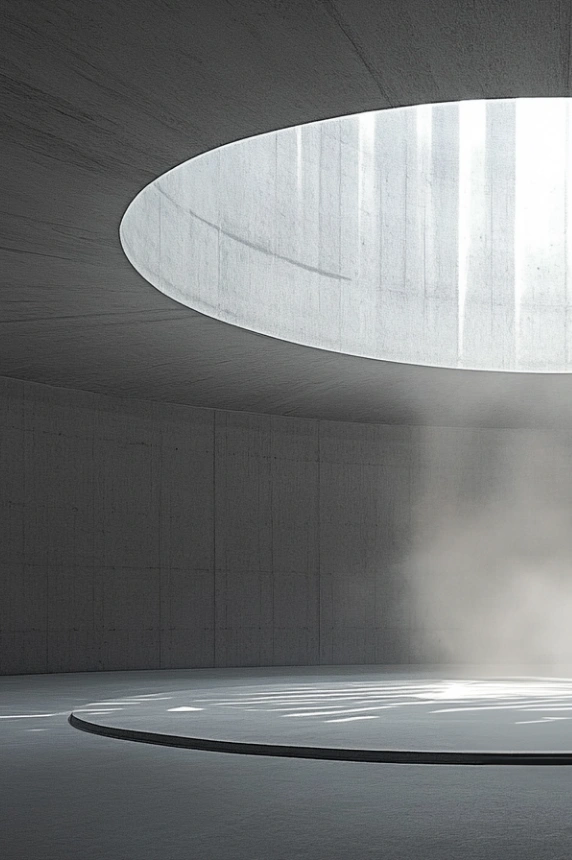 A concept image of a minimal concrete space illuminated by a circular skylight.