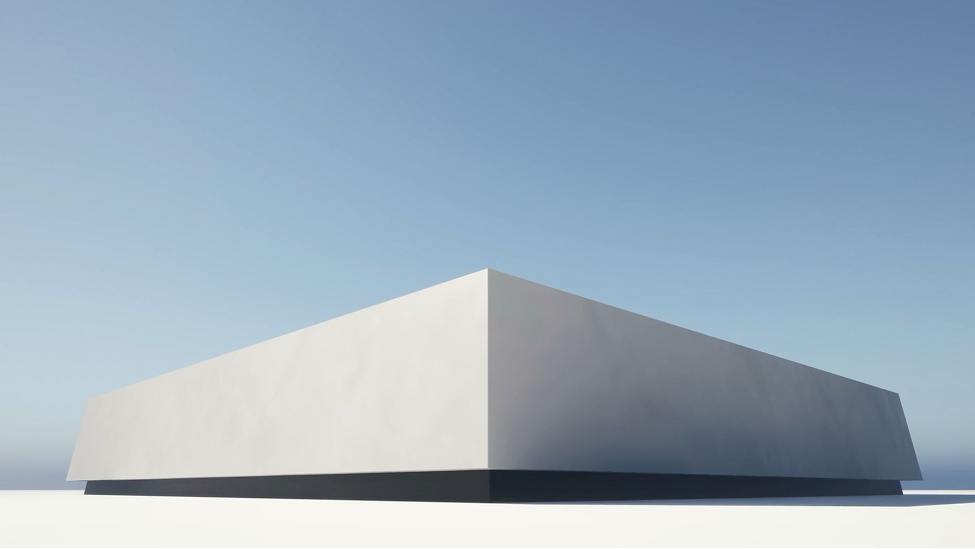 A clean, rectangular building sits on a flat white surface under a wide, clear sky.