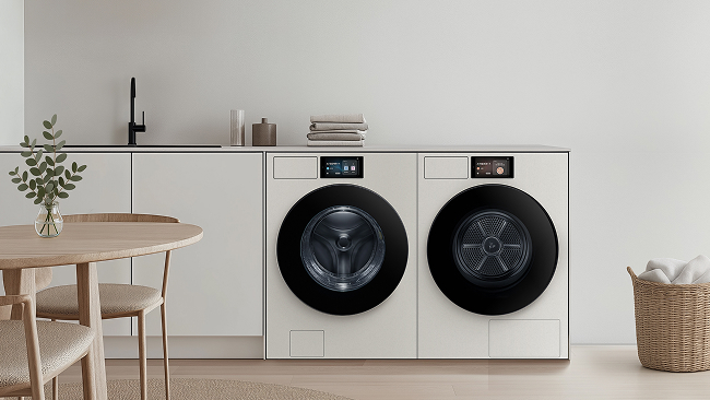 A clean, white-toned kitchen with a washer and dryer installed side by side.