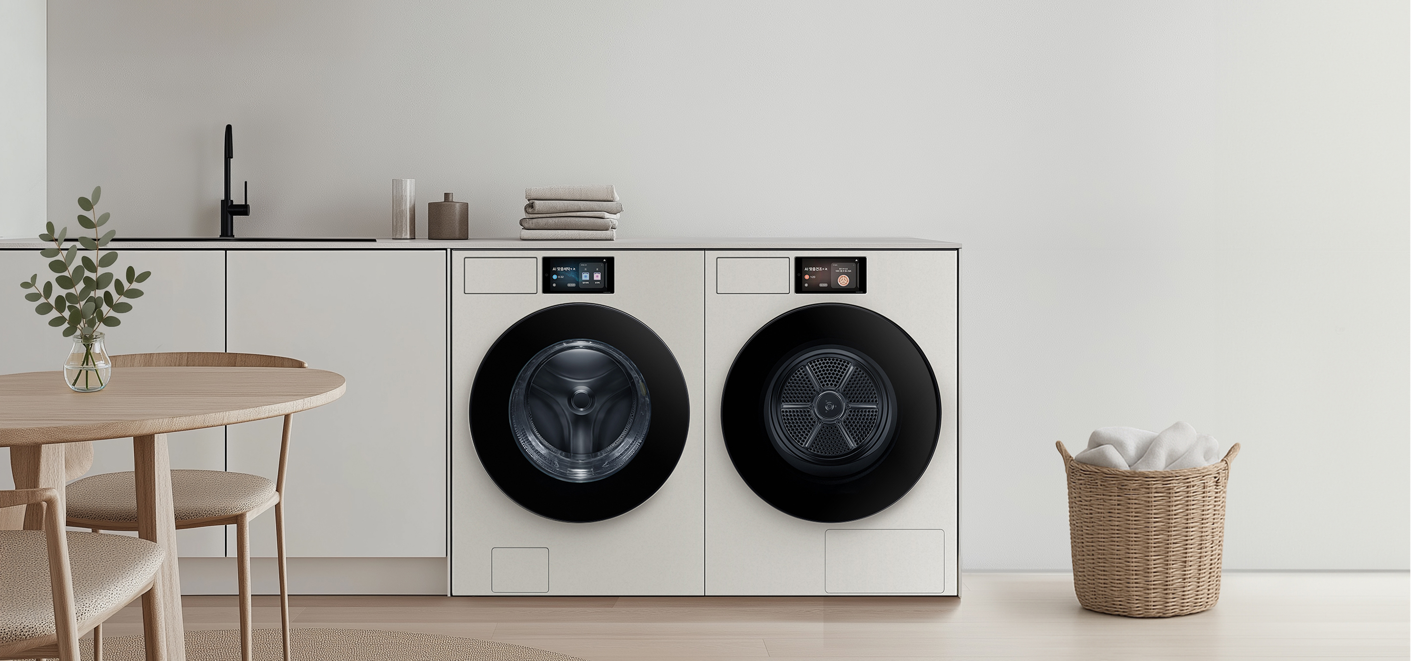 A clean, white-toned kitchen with a washer and dryer installed side by side.