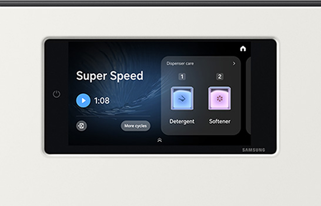 The upper display of the washer and dryer shows various options including Normal, AI Opti Wash & Dry, and Super Speed.