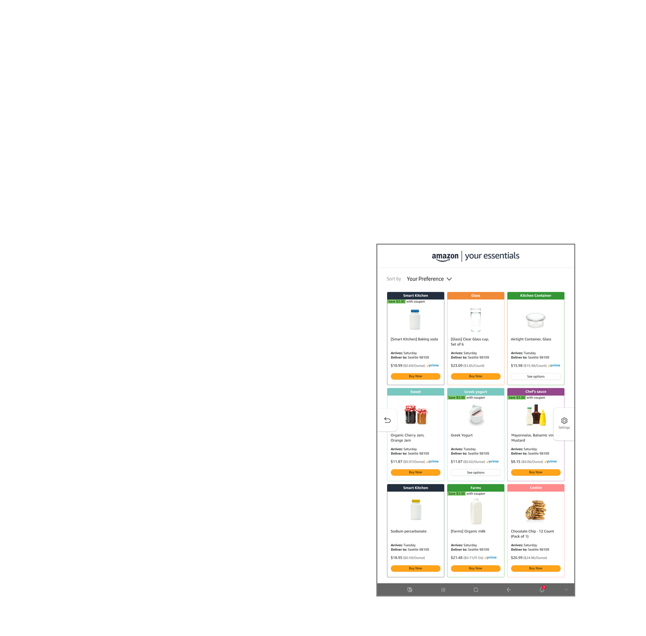 This is an image of the Amazon Your Essentials app that is exposed to the display outside the Bespoke Refrigerator Family Hub +.