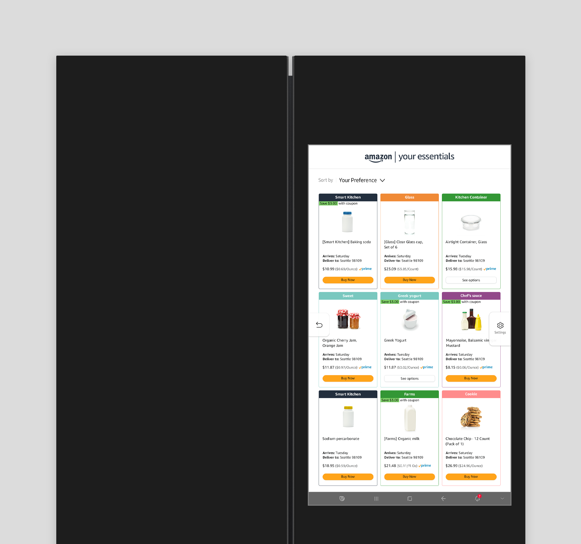 This is an image of the Amazon Your Essentials app that is exposed to the display outside the Bespoke Refrigerator Family Hub +.