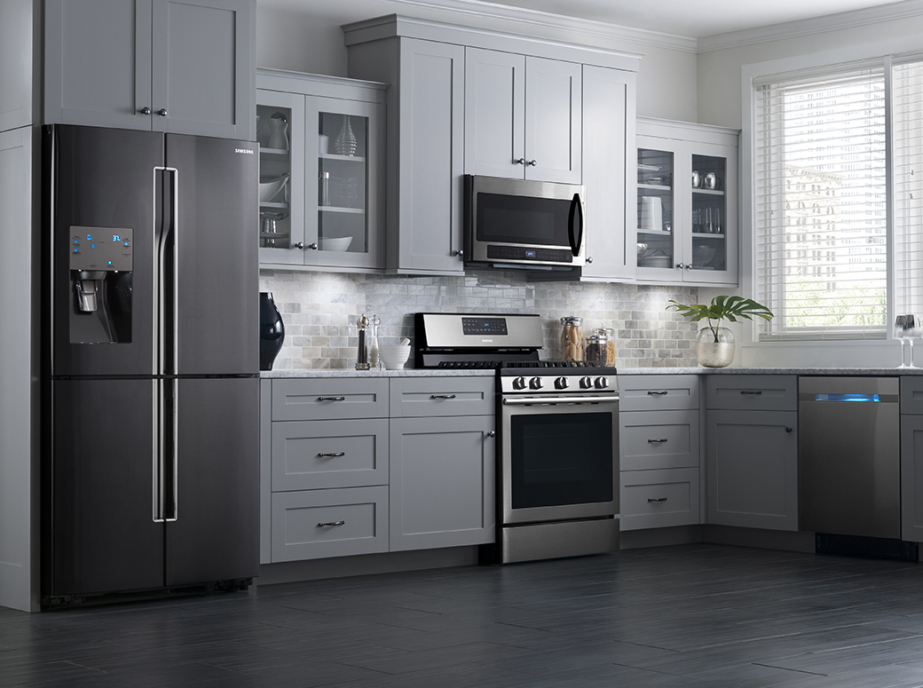 An image shows Samsung Free Standing Package models placed in a kitchen interior.