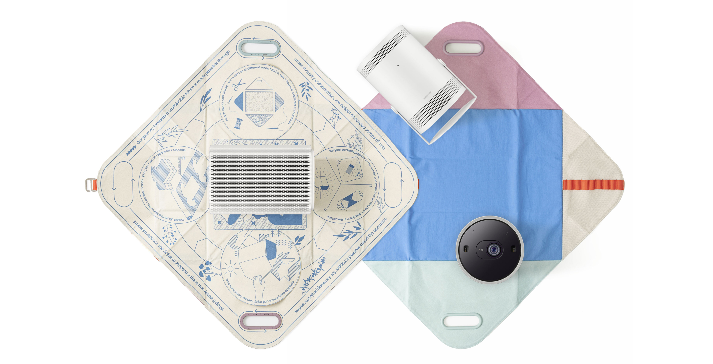 Left side shows the front of the bojagi, right side shows the back. On the left, Samsung The Premiere 5 is laid on its side, with the Samsung Freestyle placed diagonally nearby. At the bottom right, the Freestyle’s lens is shown in a top view.