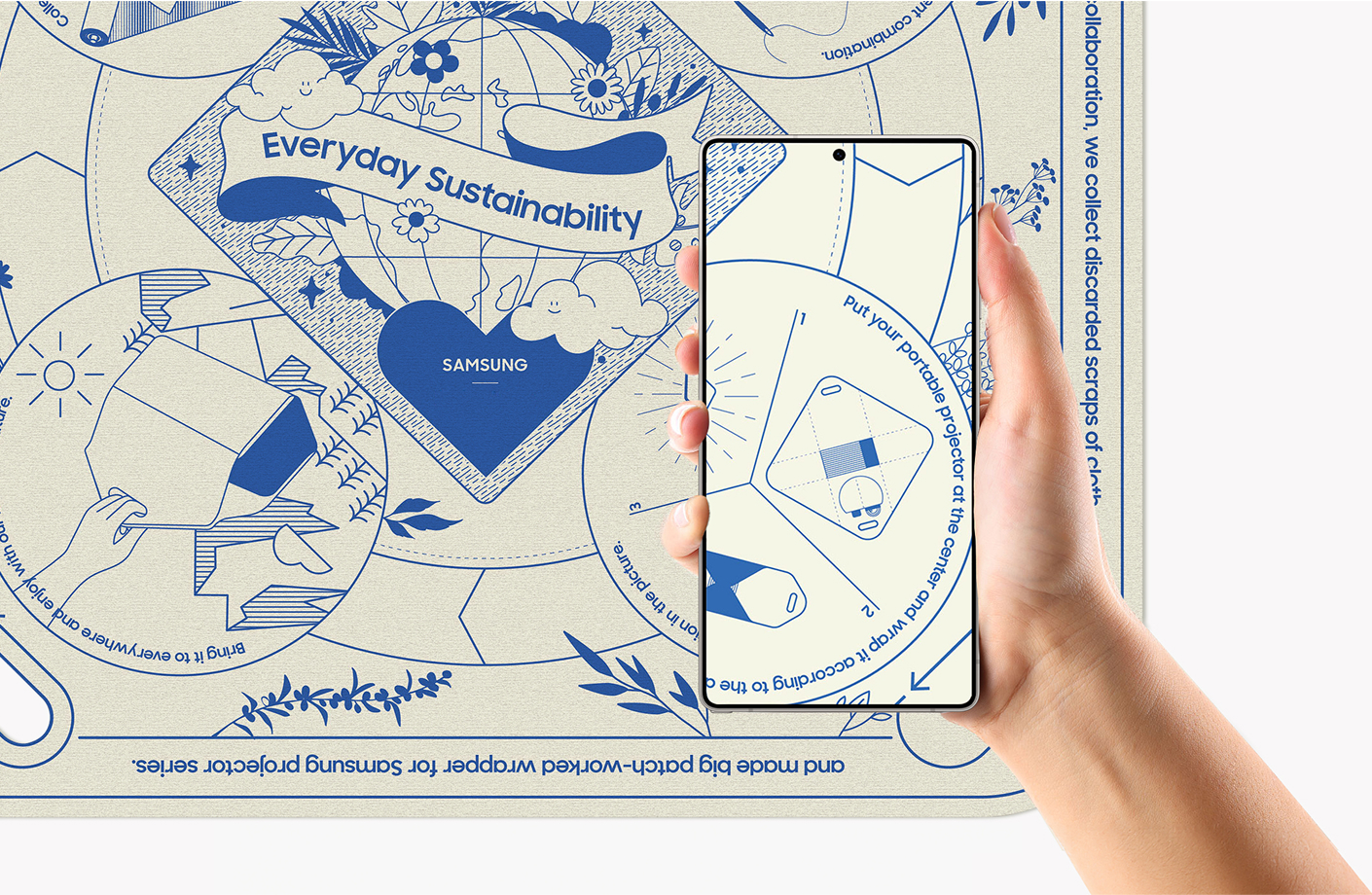 A smartphone camera recognizing the illustration at the bottom corner of the bojagi’s front side.