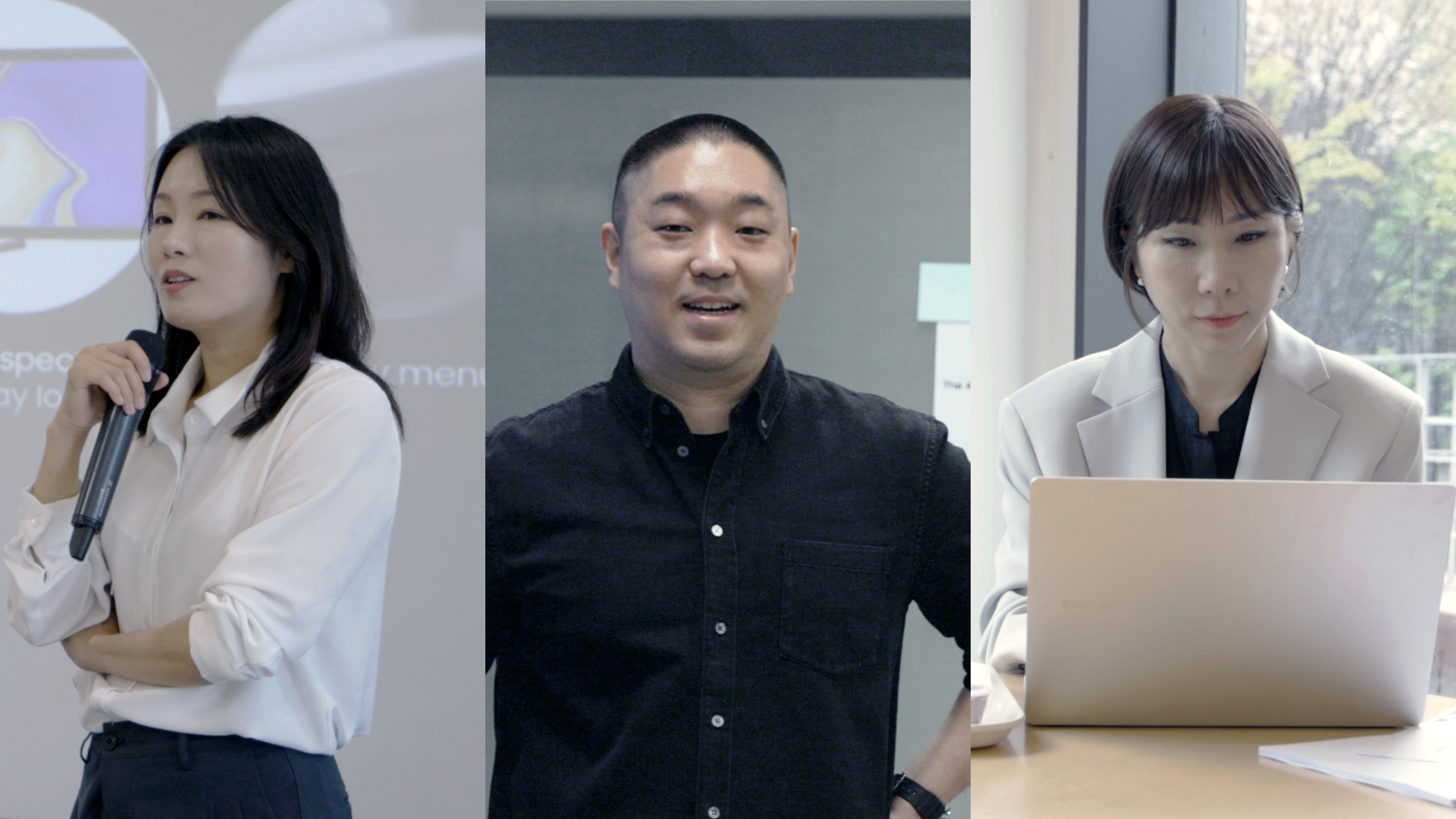 A scene from the experienced designers’ interview video. Three designers appear in separate frames: on the left, a woman presenting with a microphone; in the center, a man in a black shirt smiling; and on the right, a woman working on a laptop.
