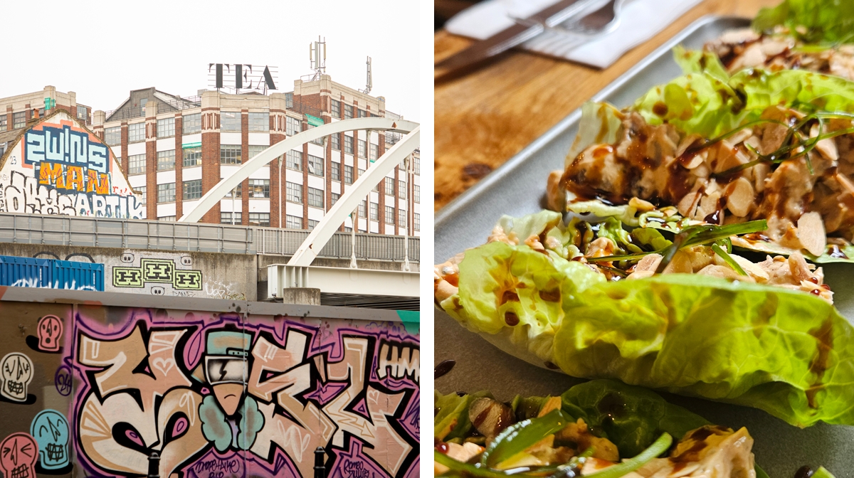 On the left, a vibrant urban scene blends graffiti with architecture, while on the right, fresh and flavorful dishes add a touch of liveliness.