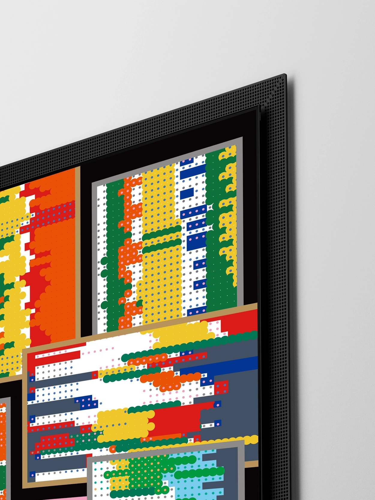 Inside a black frame with repeating small square openings, overlapping rectangular screens suggest the S95H OLED TV, a thin flat-screen TV. Dense clusters of small yellow, green, red, and blue dots and circles represent records of everyday family life.