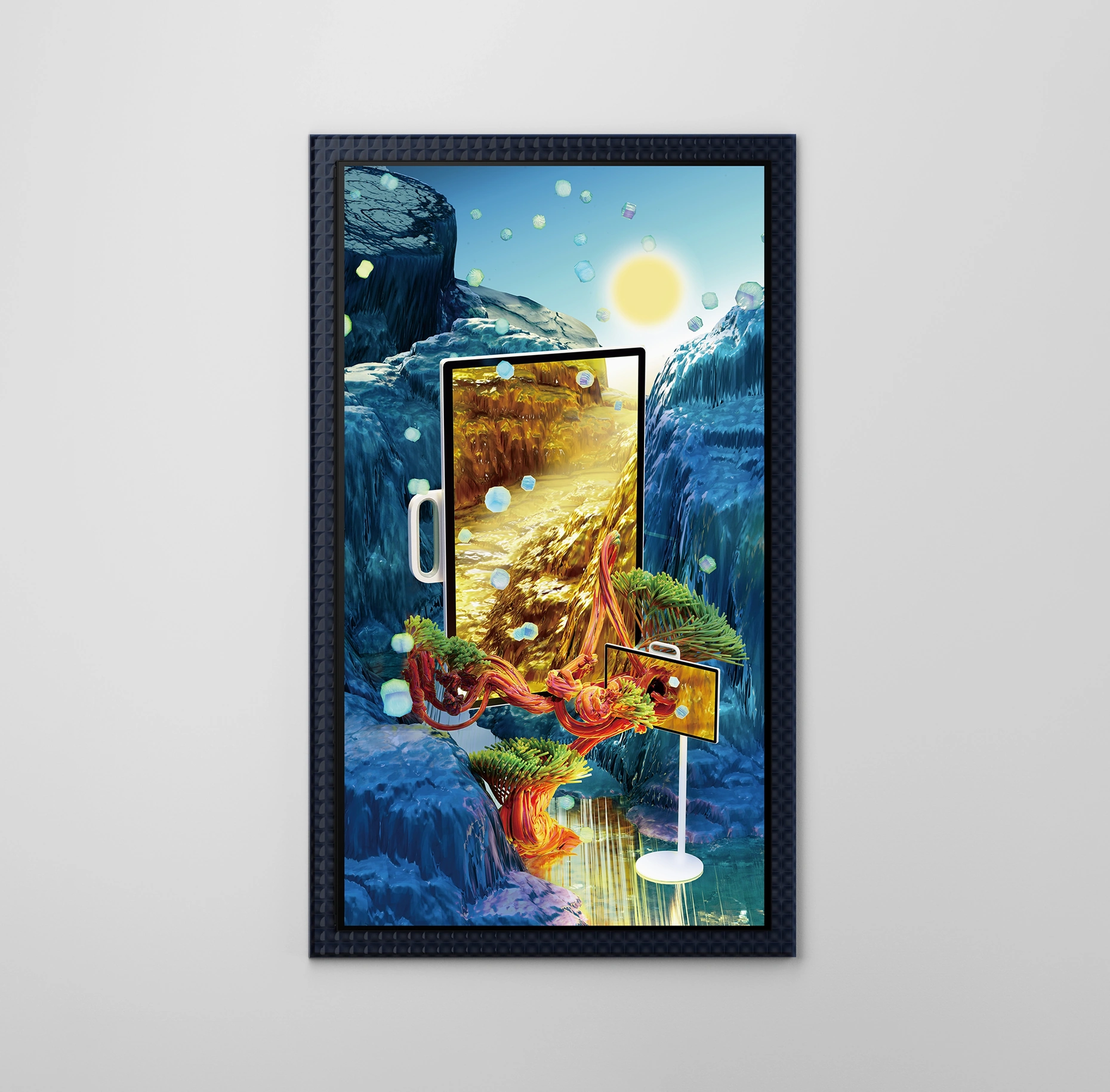Inside a dark blue frame made of repeating small square glass tiles stands The Movingstyle, a slim vertical screen that can be moved using its handle. A pine tree grows among the screen’s golden canyon and blue mountains, expressing hope and new beginnings.