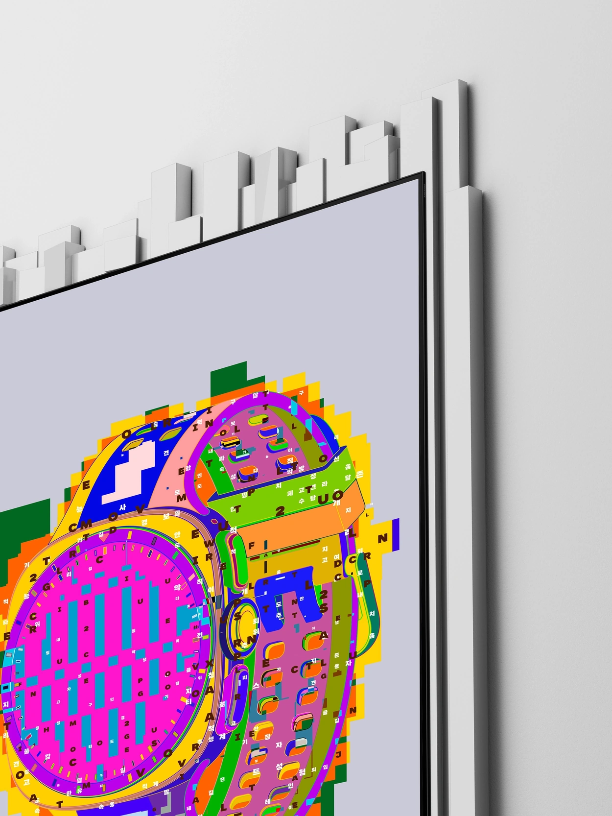 Inside a frame surrounded by white columns of different heights, the Galaxy Watch9 and Galaxy Watch Ultra2—digital watches worn on the wrist—overlap. A pink round watch face, colorful bands, small letters, and geometric shapes vividly represent records of health and everyday life.
