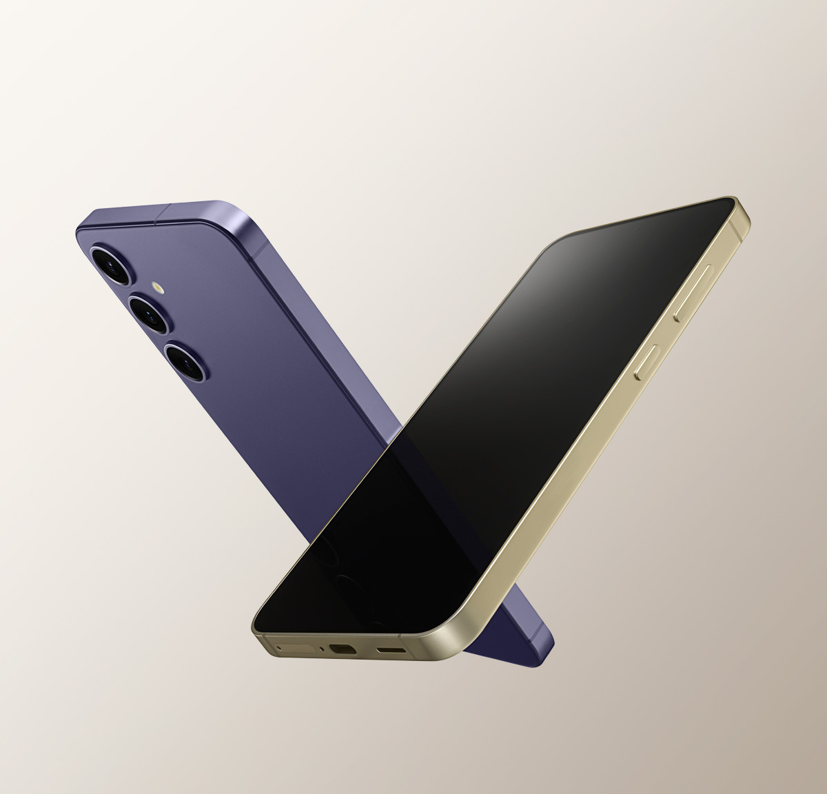 The Galaxy S24 Amber Yellow leans to the right at the front, and the Galaxy S24 Plus Cobalt Violet leans to the left at the back. The two products are V shaped.