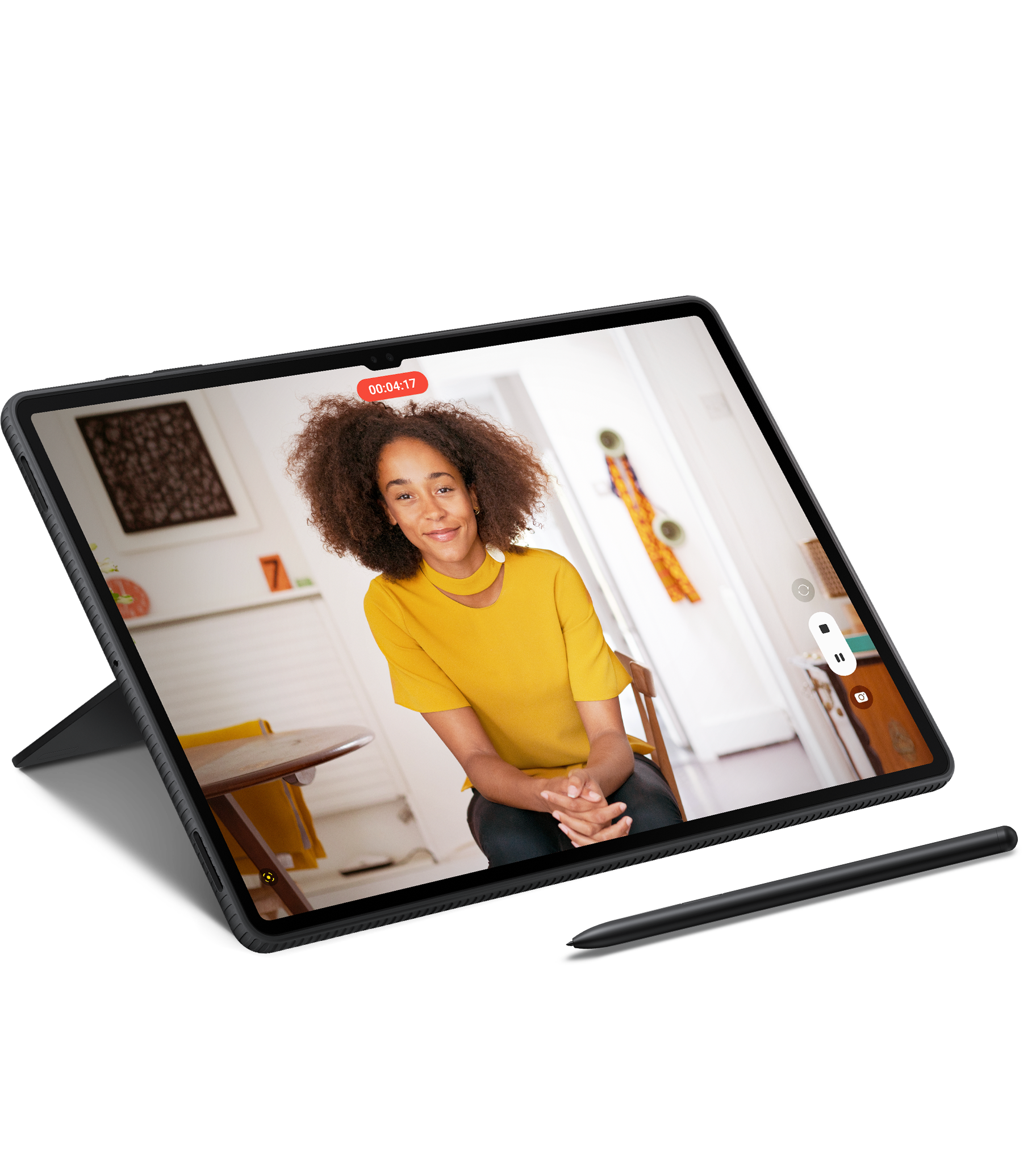 It is an image of a woman recording on the Galaxy Tab S8.