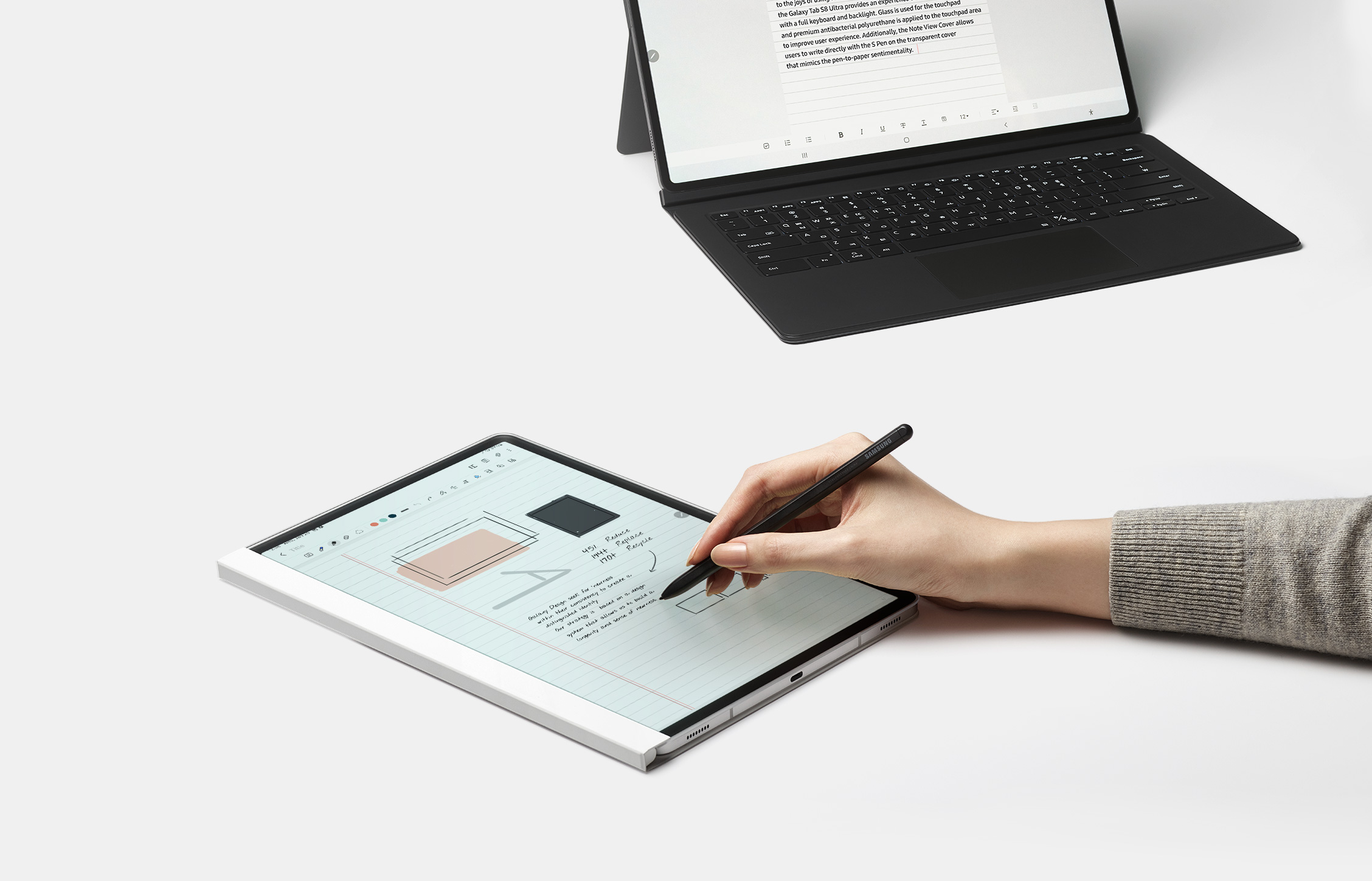 It is the book cover keyboard and note view cover image of the Galaxy Tab S8.