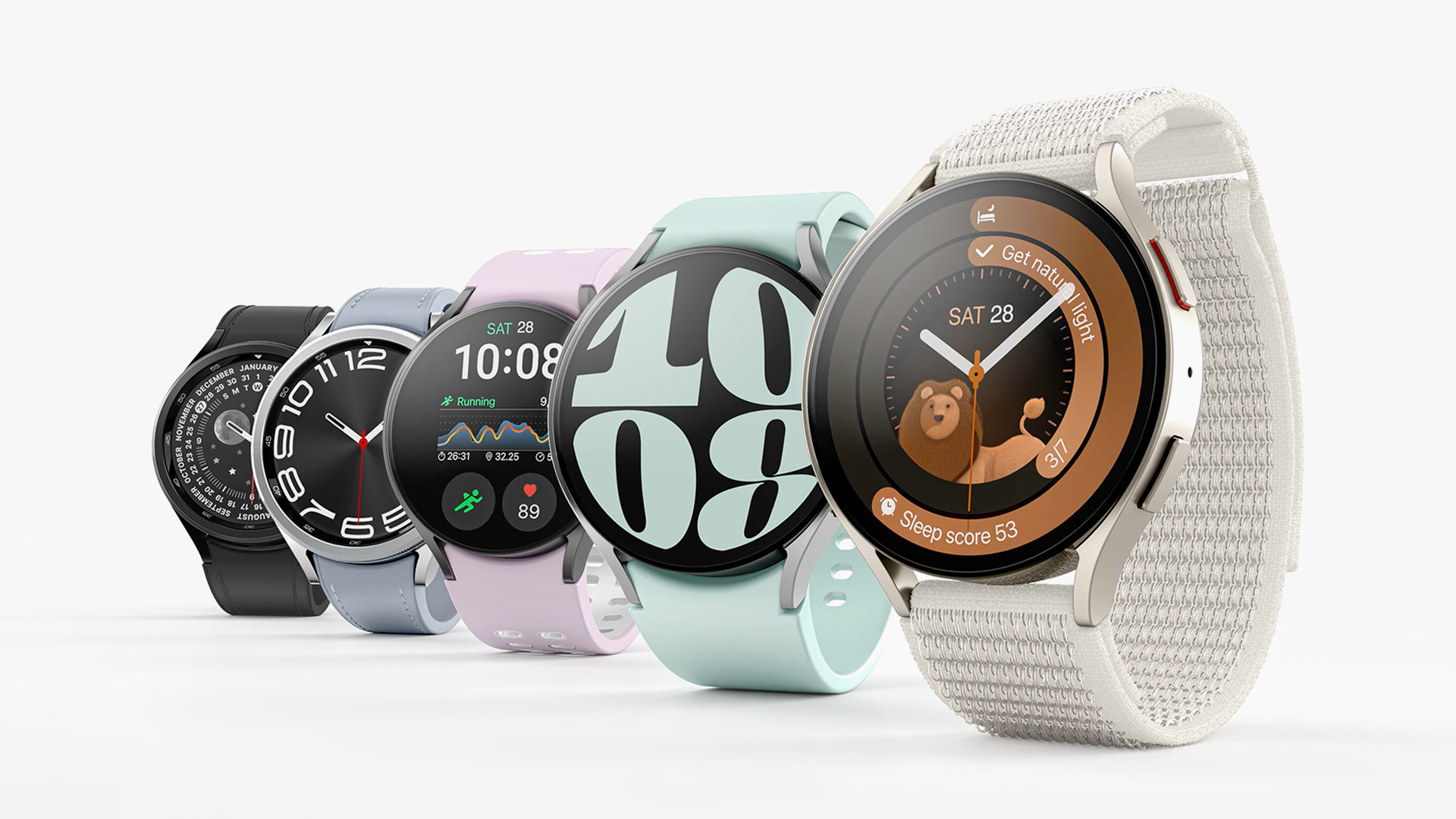 This is an image that shows the combination of various colors and watch faces of the Galaxy Watch6 series.