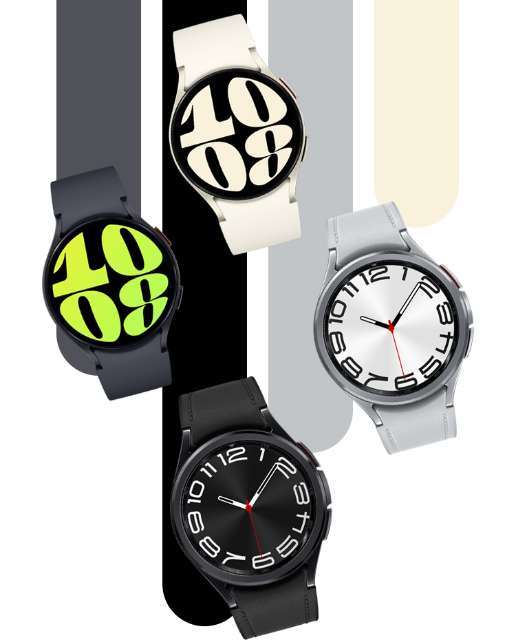This is a Galaxy Watch6 series image with Watch6's cream, graphite band, and Watch6 Classic's silver and black band.
