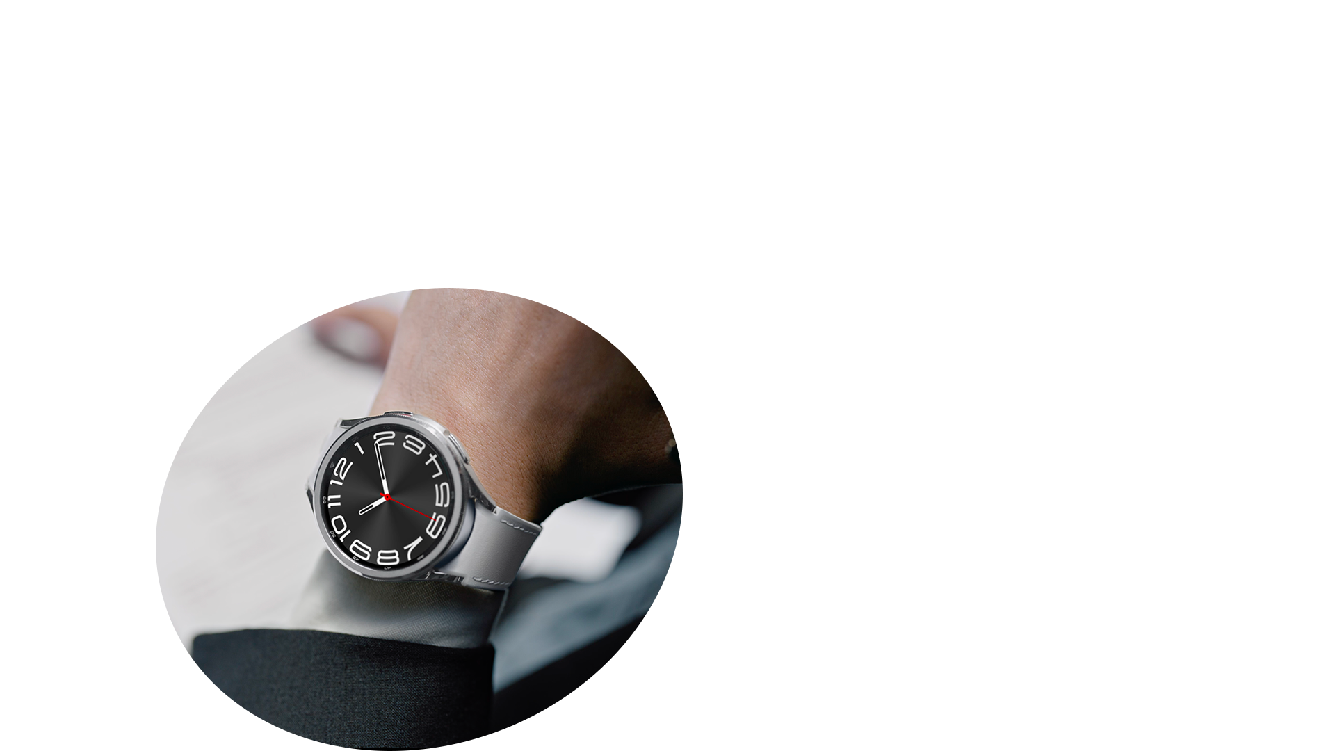 This image is a daily cut and close-up of a man wearing a Galaxy Watch6 Classic with a silver band and a man wearing a Watch6 with a fabric band.