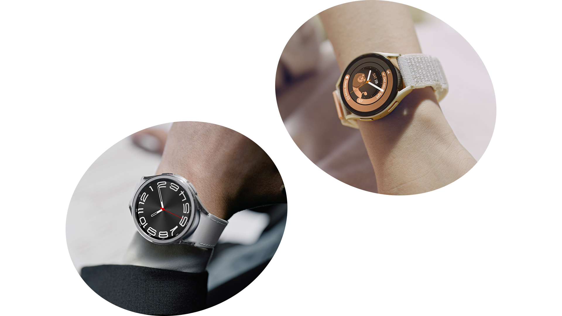This image is a daily cut and close-up of a man wearing a Galaxy Watch6 Classic with a silver band and a man wearing a Watch6 with a fabric band.