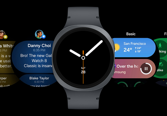 In the center is a classic analog watch face with clock hands, flanked on both sides by various watch UI screens—showing messages, weather, music playback alerts, fitness, and more.