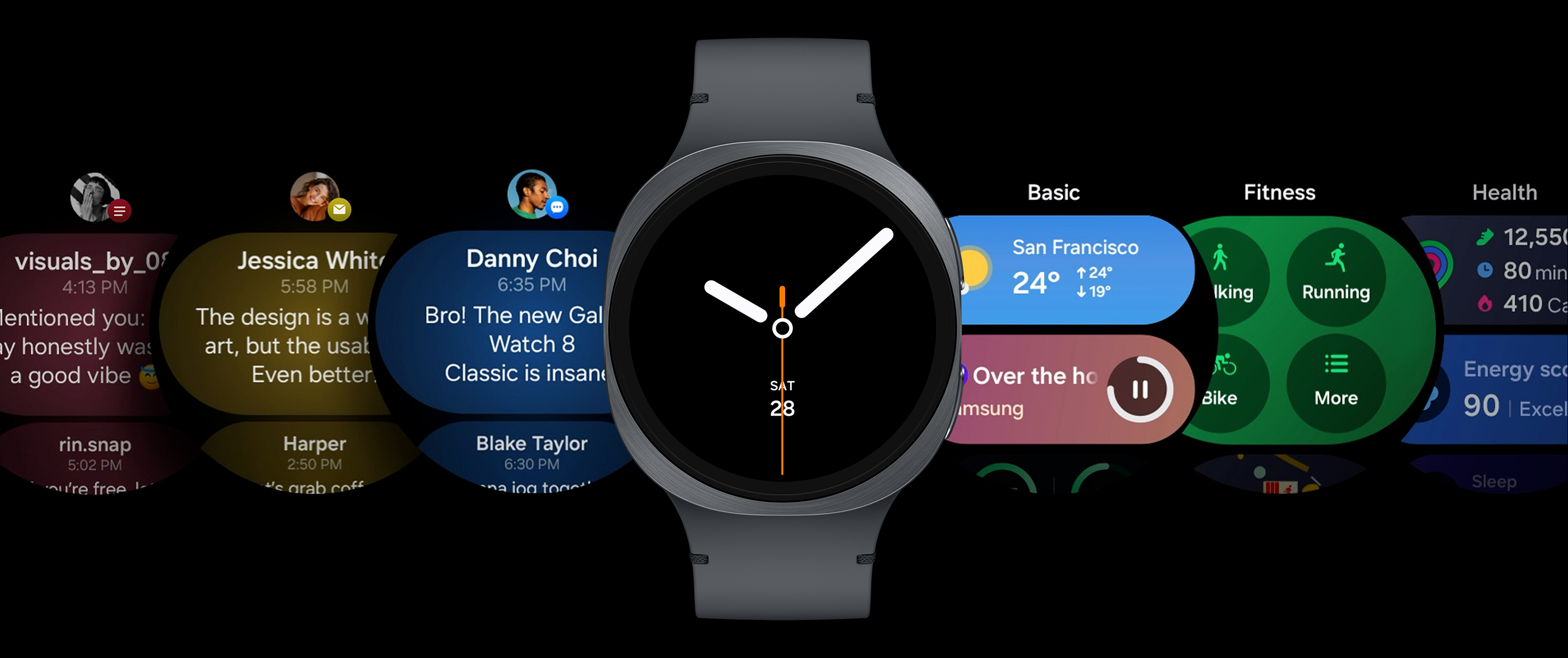 In the center is a classic analog watch face with clock hands, flanked on both sides by various watch UI screens—showing messages, weather, music playback alerts, fitness, and more.