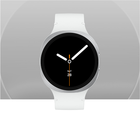 the minimalist-bezel Galaxy Watch8 model appears against a simple gray background.