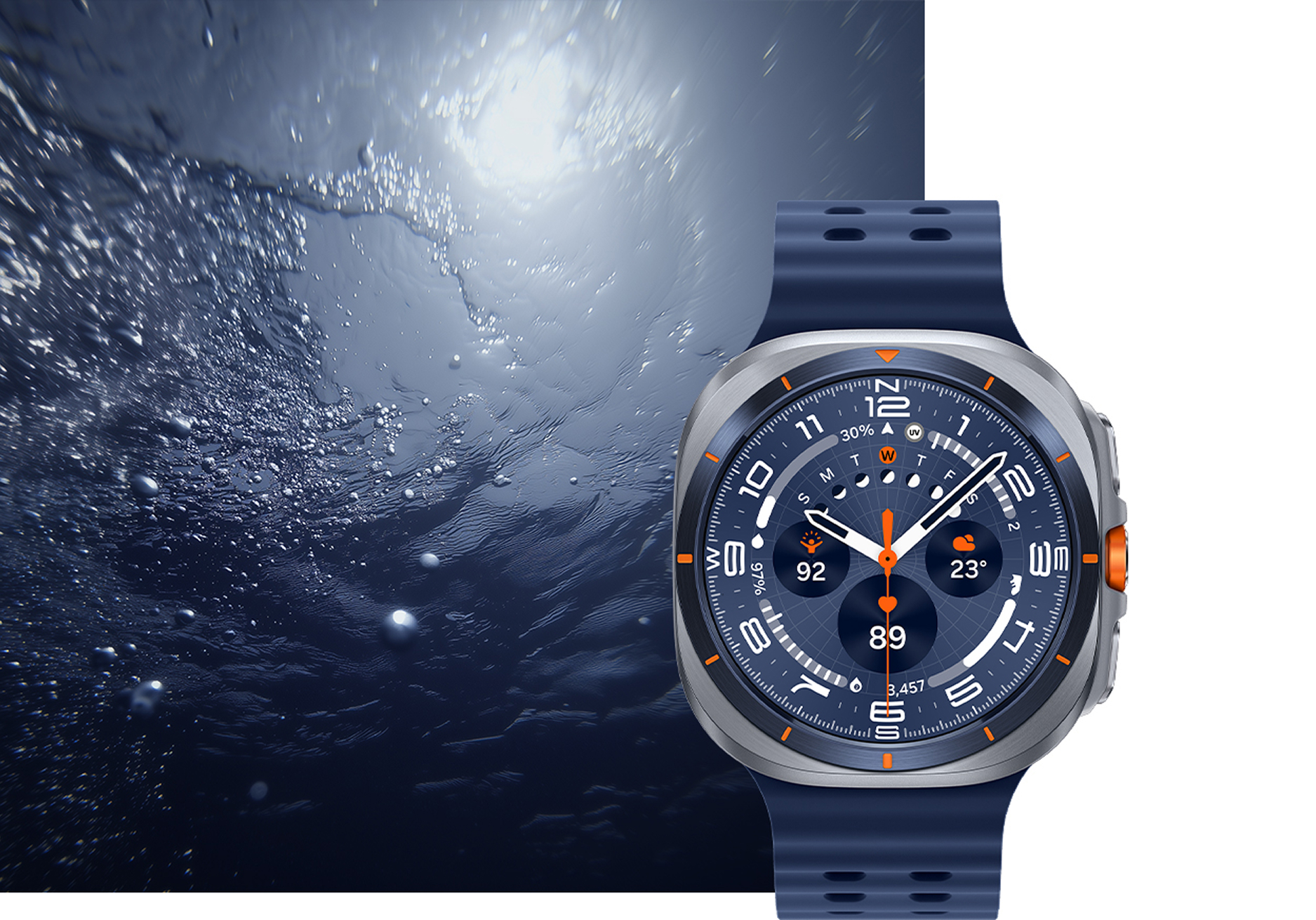 An image highlighting the Galaxy Watch 2025 Ultra model with a blue body and orange accents, set against a deep-sea background with rising air bubbles.