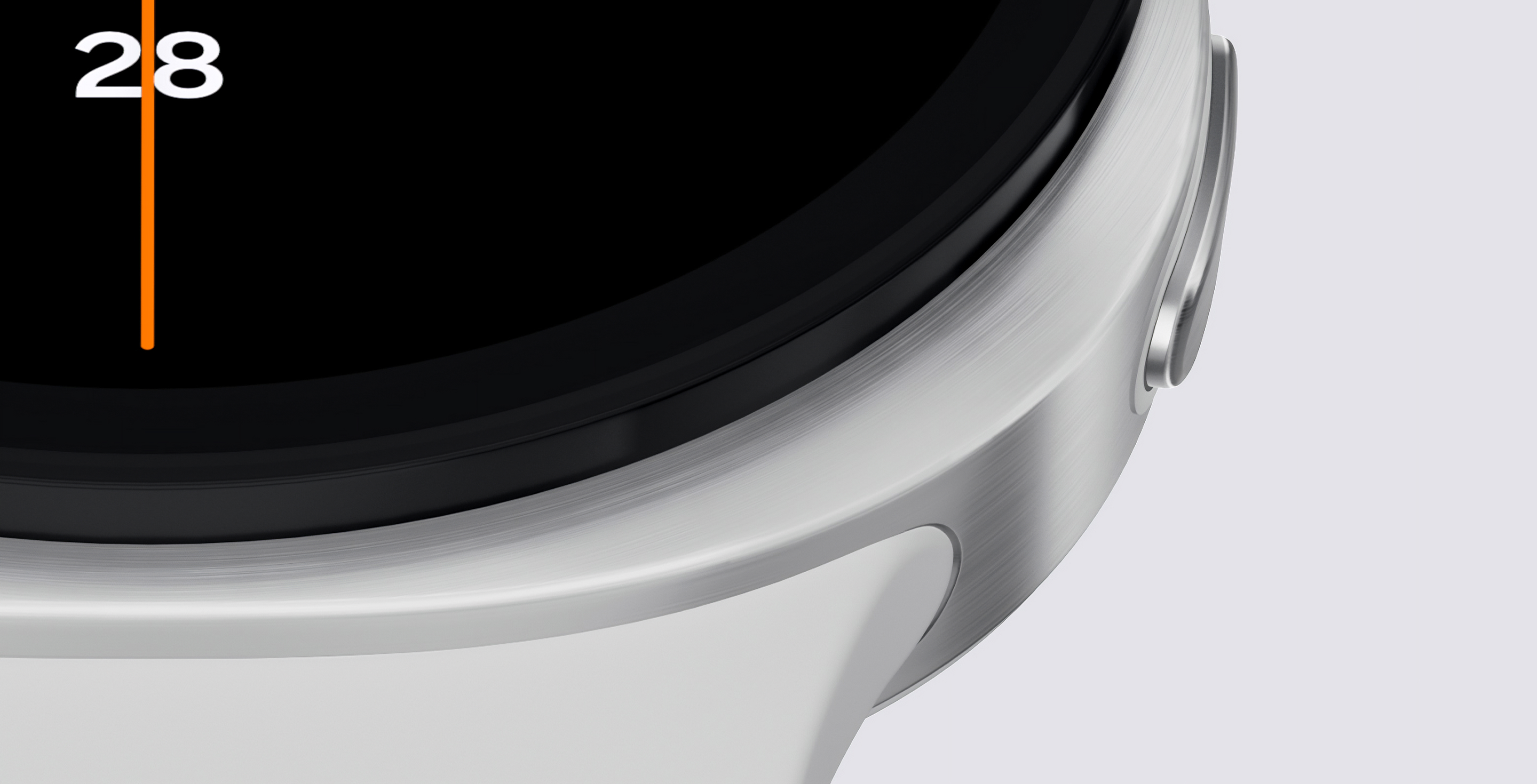 A close-up of the side of the Galaxy Watch8, highlighting the sleek metal frame, precisely finished button, and softly curved cushion design.