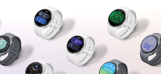 Multiple Galaxy Watch8 models displayed at various angles, featuring white and gray straps and showcasing a variety of watch faces and app screens.