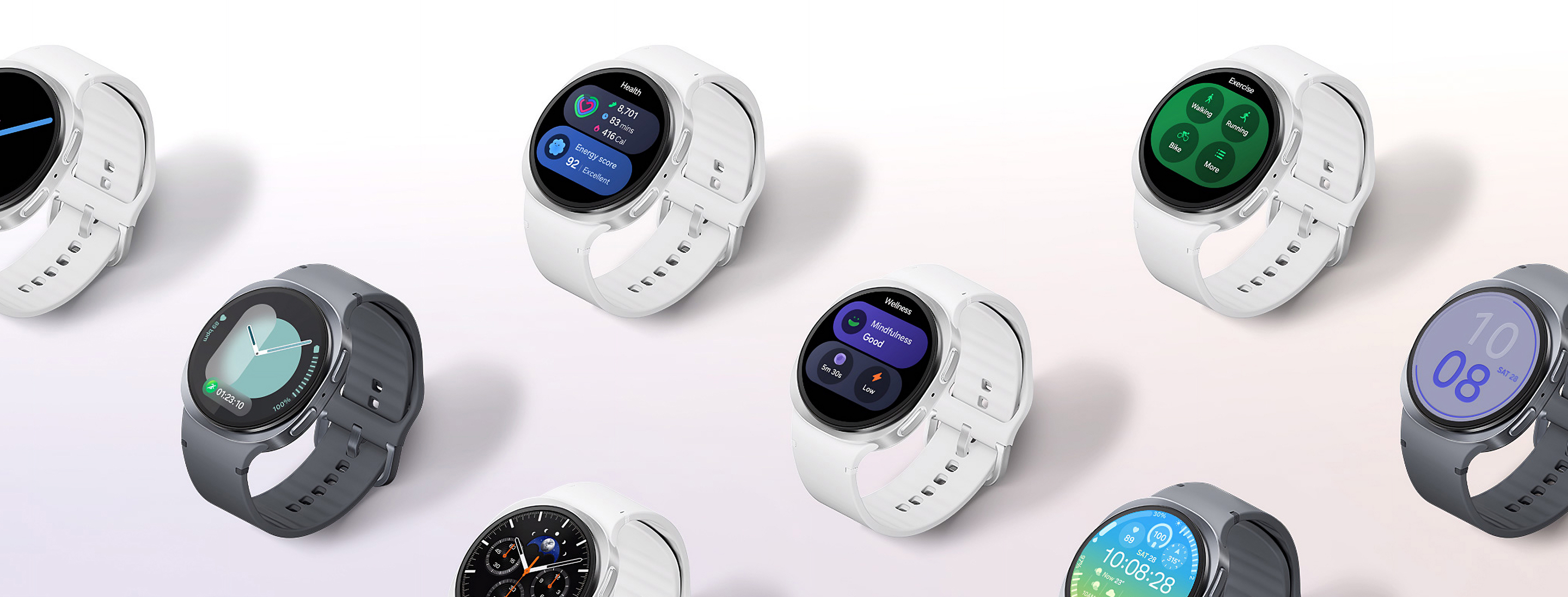 Multiple Galaxy Watch8 models displayed at various angles, featuring white and gray straps and showcasing a variety of watch faces and app screens.