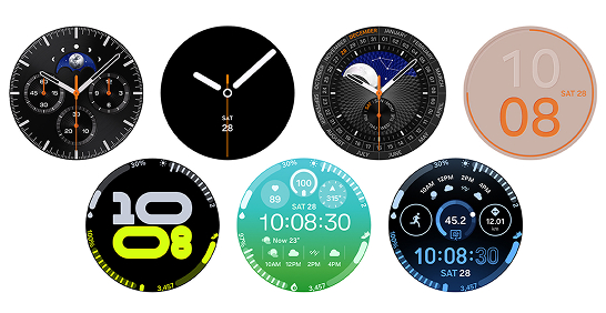 An array of Galaxy Watch8 watch faces displayed in a row, featuring styles ranging from traditional luxury to bold and sporty designs.