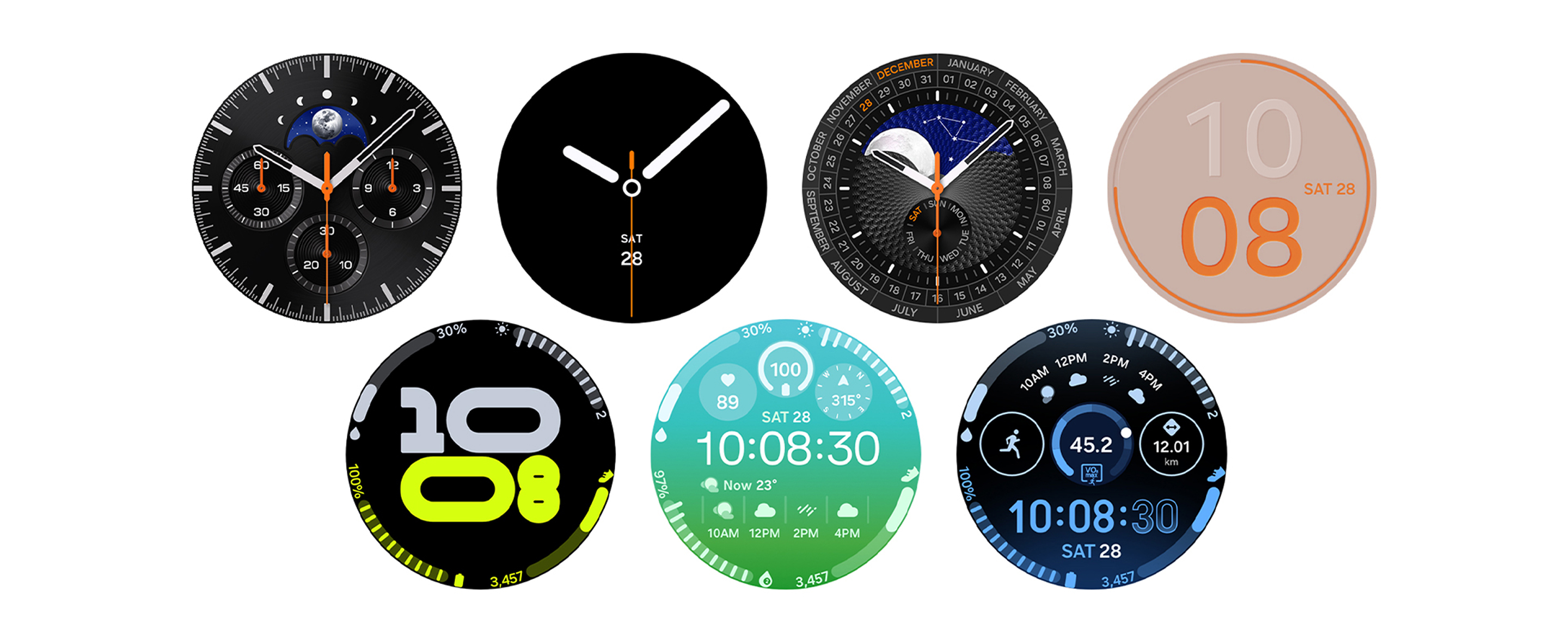 An array of Galaxy Watch8 watch faces displayed in a row, featuring styles ranging from traditional luxury to bold and sporty designs.