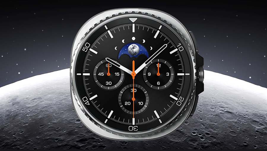 An image featuring a classic watch design UI set against the backdrop of the moon's surface in space.
