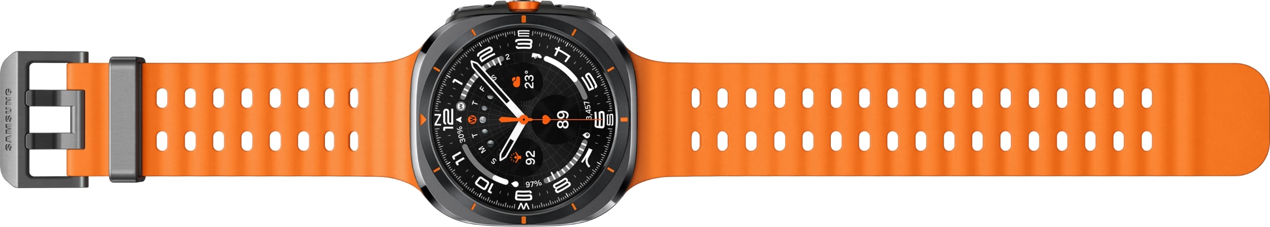 A row of Galaxy Watch Ultra with bands (straps) connected and stretched out on either side. In order, they are the orange Marine Band, the white PeakForm Band, and the Dark gray Trail Band. Unlike the other bands, which have two separate buckles, the Trail Band is connected by a single buckle called the Easy Buckle, which connects the bands together on the right side, rather than on either side.