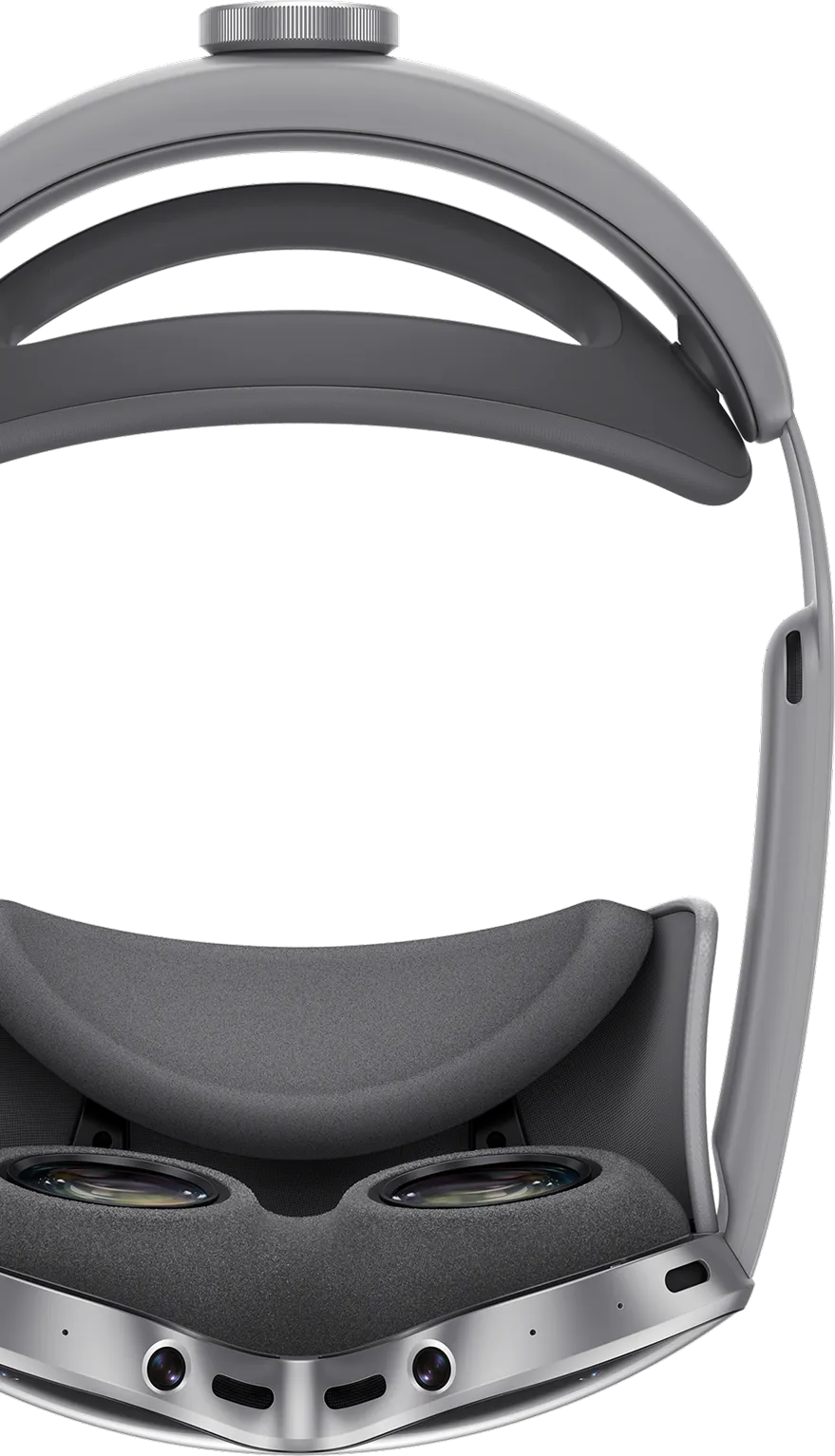 Top view of the Samsung XR headset showing the glasses section facing downward and the head support positioned at the top, with mesh material visible on the eye and rear cushion areas.
