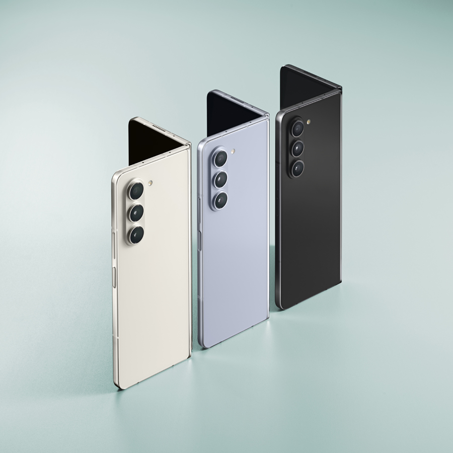 This image shows the colors of the Galaxy Z Fold 5 from left to right: Cream, Icy Blue, and Phantom Black.
