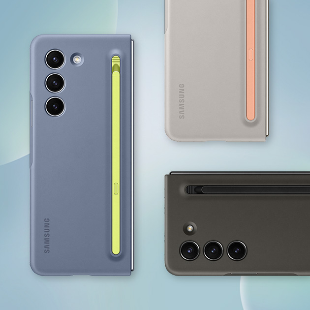 This is an image of the Galaxy Z Fold 5's Slim S Pen Cases in clockwise order: Sand, Icy Blue, and Black.