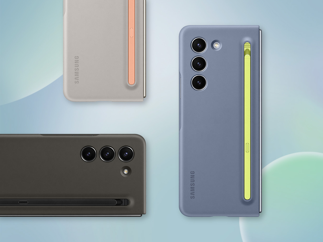 This is an image of the Galaxy Z Fold 5's Slim S Pen Cases in clockwise order: Sand, Icy Blue, and Black.
