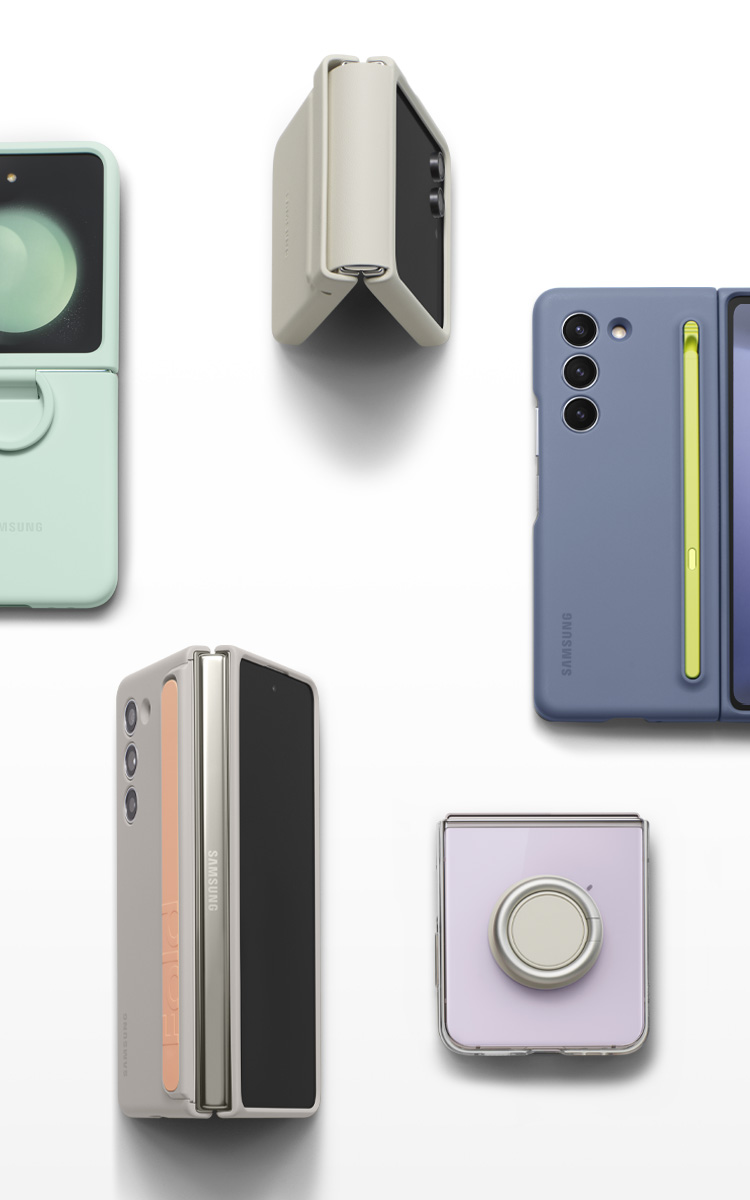 This image shows three Galaxy Z Flip 5s and two Galaxy Z Fold 5s in their cases.