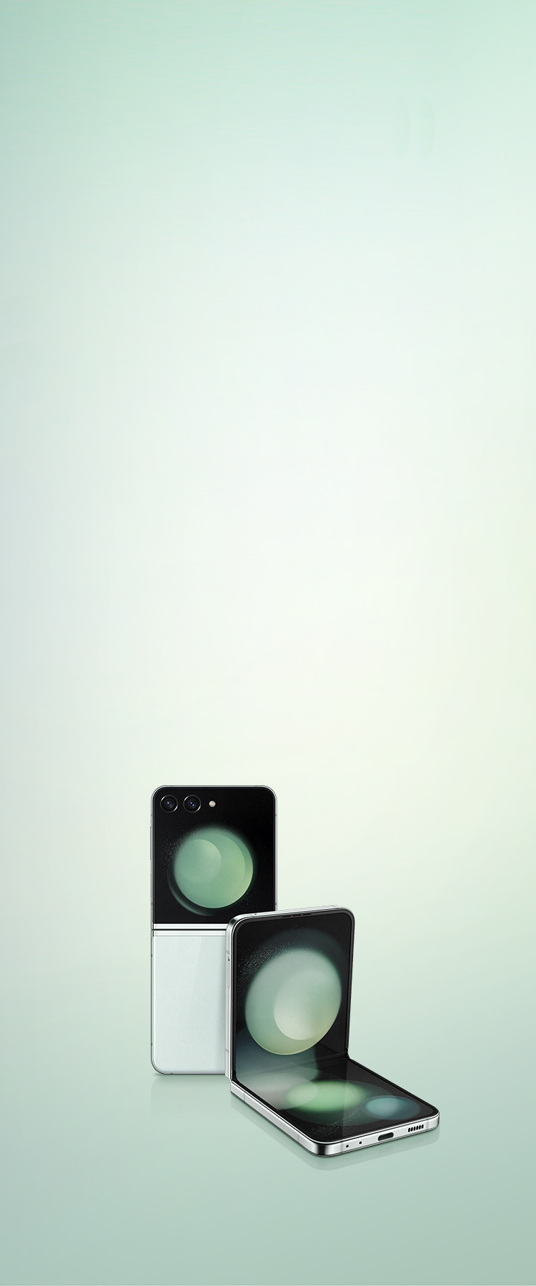 An image of a Galaxy Z Flip5 Mint color product and a wallpaper of the Galaxy Z Flip5 in the product’s Flex Window.