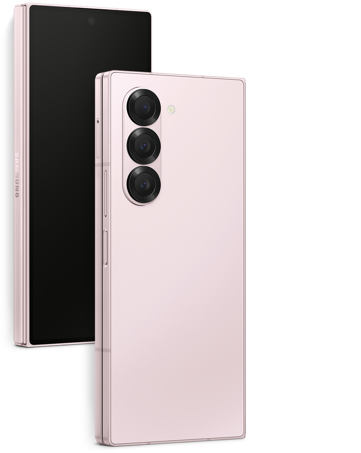 Galaxy Z Fold 6 Pink standing front to back facing each other the display and camera. In the background of the product is a droplet of water that has been poured onto a flower petal.